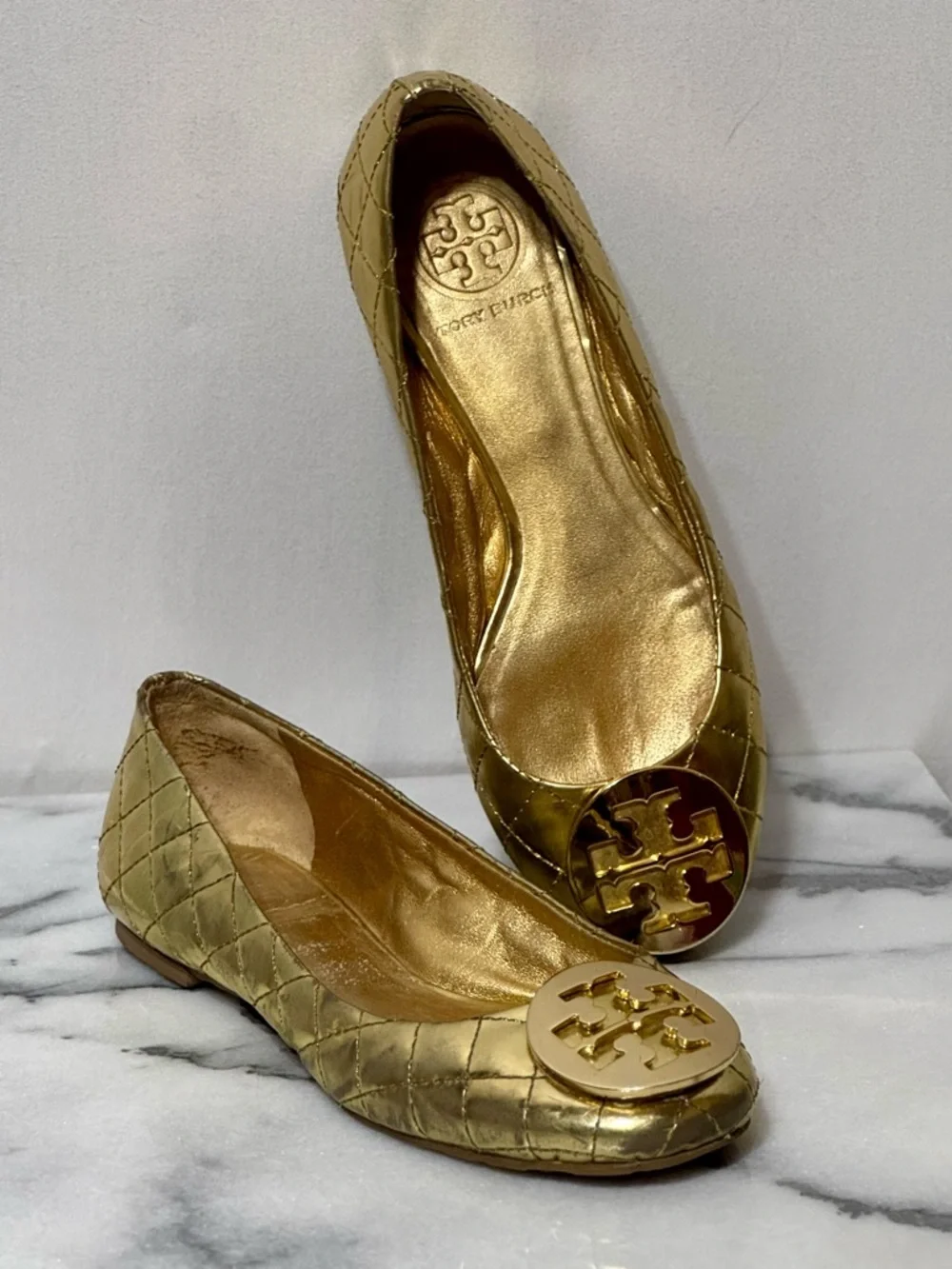 Tory Burch Quinn Metallic Gold Quilted Logo Slip-On Ballet Flats